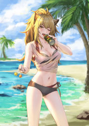 Rule 34 | 1girl, absurdres, animal ears, arknights, bare arms, bare shoulders, beach, bikini, black bikini, black nails, blonde hair, blue sky, breasts, brown eyes, can, candy, cleavage, cloud, commentary request, cowboy shot, crop top, day, food, groin, hair between eyes, highres, holding, holding can, holding food, large breasts, lion ears, lollipop, long hair, looking at viewer, midriff, nail polish, navel, ocean, one eye closed, open mouth, outdoors, palm tree, siege (arknights), sky, solo, standing, stomach, swimsuit, tank top, thighs, tongue, tongue out, torn clothes, tree, water, white tank top, xiehuangbao bo