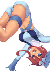 Rule 34 | 1girl, :d, absurdres, ass, blue eyes, bodysuit, breasts, creatures (company), game freak, hair bun, hair ornament, hair scrunchie, hands up, highres, large breasts, nintendo, open mouth, pokemon, pokemon bw, prophecy (rakuichimonji), red hair, scrunchie, sidelocks, simple background, single hair bun, skyla (pokemon), smile, solo, stomach, tan, thigh strap, thighs, upside-down, white background