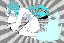 Rule 34 | aqua hair, colored sclera, colored skin, from side, ghost, grey sclera, hatsune miku, highres, japanese clothes, kimono, long hair, low twintails, obake no ukenerai (vocaloid), obi, pink eyes, pinocchio-p, sash, skirt, sleeping, twintails, very long hair, vocaloid, white kimono, white skirt