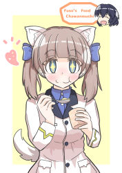 Rule 34 | + +, 1girl, :3, :o, absurdres, animal ear fluff, animal ears, blue eyes, blue ribbon, blue shirt, blush, border, brave witches, breasts, brown hair, cat ears, cowboy shot, dog tail, eating, english text, food request, georgette lemare, heart, highres, jacket, looking at viewer, medium breasts, outside border, ribbon, shimohara sadako, shirt, short twintails, solo, strike witches, tail, twintails, uniform, white border, white jacket, world witches series, yama dango, yellow background, yellow border