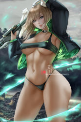 Rule 34 | 1girl, aura, bikini, black choker, black jacket, blue eyes, breast tattoo, breasts, choker, cleavage, eunie (xenoblade), head wings, holding, holding weapon, hood, hoodie, jacket, large breasts, long hair, long sleeves, looking at viewer, navel, open clothes, open jacket, solo, sports bra, swimsuit, tattoo, thighs, underboob, weapon, wei (promise 0820), white wings, wings, xenoblade chronicles (series), xenoblade chronicles 3