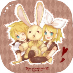 Rule 34 | 1boy, 1girl, :d, ;d, aqua eyes, argyle, argyle background, argyle clothes, bare shoulders, blonde hair, brother and sister, character name, copyright name, detached sleeves, hair ornament, hairband, hairclip, headset, heart, kagamine len, kagamine rin, lowres, mikanniro, one eye closed, open mouth, siblings, smile, stuffed animal, stuffed rabbit, stuffed toy, vocaloid, wink