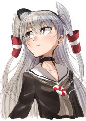 Rule 34 | 1girl, amatsukaze (kancolle), bad id, bad twitter id, black choker, brown dress, brown eyes, choker, commentary request, dress, hair tubes, hat, highres, kantai collection, long hair, looking back, mini hat, neckerchief, one-hour drawing challenge, sailor collar, sailor dress, silver hair, simple background, solo, two side up, upper body, white background, white neckerchief, white sailor collar, zombie mogura