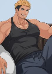 Rule 34 | 1boy, bara, beard, blue eyes, body hair, chest hair, facial hair, harada (basashi), highres, large pectorals, looking at viewer, lying, male focus, mature male, muscular, muscular male, original, pants, pectoral cleavage, pectorals, smile, stubble, tank top, tight clothes, tusks