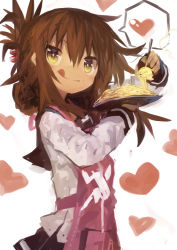 Rule 34 | 1girl, :q, absurdres, apron, blush, brown hair, commentary request, folded ponytail, food, fork, hair between eyes, heart, highres, holding, holding fork, holding plate, inazuma (kancolle), kaamin (mariarose753), kantai collection, long sleeves, pasta, plate, ponytail, sailor collar, school uniform, serafuku, skirt, solo, spoken heart, steam, tongue, tongue out, white background, yellow eyes