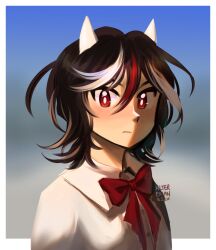 Rule 34 | 1girl, alterexian, black hair, blurry, blurry background, bow, bowtie, bright pupils, closed mouth, commentary, english commentary, highres, horns, kijin seija, looking at viewer, red bow, red bowtie, red eyes, short hair, signature, solo, touhou, upper body, white pupils
