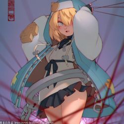 Rule 34 | 1boy, black skirt, blonde hair, blue eyes, blush, bridget (guilty gear), chinese commentary, commentary request, cuffs, fingerless gloves, gloves, guilty gear, guilty gear strive, habit, hair over one eye, handcuffs, hood, hooded jacket, jacket, male focus, mars symbol, miniskirt, pleated skirt, plus sign, skirt, solo, string, thighs, trap, unconventional belt, watermark, web address, zhaoyebai