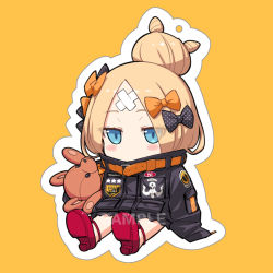 Rule 34 | 1girl, abigail williams (fate), abigail williams (traveling outfit) (fate), alphy, black bow, black jacket, blonde hair, blue eyes, blush stickers, bow, chibi, commentary request, covered mouth, crossed bandaids, fate/grand order, fate (series), full body, hair bow, hair bun, hugging object, jacket, key, long hair, long sleeves, official alternate costume, orange background, orange bow, outline, parted bangs, polka dot, polka dot bow, red footwear, sample watermark, shoe soles, shoes, single hair bun, sitting, sleeves past fingers, sleeves past wrists, solo, star (symbol), stuffed animal, stuffed toy, teddy bear, watermark, white outline