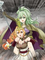 Rule 34 | 2girls, absurdres, arm up, bare shoulders, belt, breasts, brown eyes, cape, carrying, cleavage, duel monster, elbow gloves, gloves, green eyes, green hair, hair ornament, highres, holding, holding staff, jewelry, large breasts, long hair, multiple girls, necklace, open mouth, orange hair, piggyback, pleated skirt, ponytail, ritual beast tamer lara, sawan cutman, skirt, spiritual beast tamer lara, spiritual beast tamer winda, staff, thigh strap, tiara, winda (yu-gi-oh!), yu-gi-oh!
