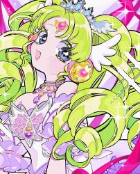 Rule 34 | 1girl, absurdres, amaharu wasure, blush, dress, drill hair, falulu, headphones, highres, light green hair, looking at viewer, multicolored background, off-shoulder dress, off shoulder, open mouth, pink ribbon, pretty series, pripara, purple background, purple eyes, ribbon, short sleeves, smile, solo, tiara, twin drills, white background, white dress, wing hair ornament