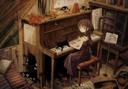 Rule 34 | 1girl, 1other, black cat, book, brown hair, cat, chalkboard, closed mouth, crying, dress, flower, full body, horror (theme), indoors, instrument, long hair, mariyasu, metronome, music stand, original, painting (object), piano, red flower, red rose, rose, sheet music, sitting, sleeveless, sleeveless dress, smile, speaker, spirit, streaming tears, tears, xylophone, yellow eyes