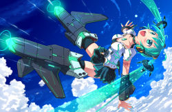 Rule 34 | 1girl, aki (akisora hiyori), choker, cloud, crossover, detached sleeves, female focus, flying, green eyes, green hair, hatsune miku, highres, long hair, matching hair/eyes, mecha musume, nail polish, open mouth, outstretched arms, parody, skirt, sky, solo, spread arms, strike witches, striker unit, thighhighs, twintails, very long hair, vocaloid, world witches series