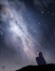 Rule 34 | 1girl, emily (meago), epic, from behind, galaxy, meago, milky way, night, original, photorealistic, realistic, signature, sitting, sky, solo, star (sky), starry sky, white hair