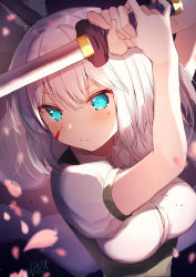 Rule 34 | 1girl, absurdres, arms up, artist name, blood, blood on face, blue eyes, blush, breasts, commentary request, glowing, hair between eyes, highres, hitodama, holding, holding sword, holding weapon, katana, konpaku youmu, konpaku youmu (ghost), large breasts, nenobi (nenorium), petals, puffy short sleeves, puffy sleeves, shirt, short hair, short sleeves, signature, silver hair, solo, sword, touhou, upper body, weapon, white shirt