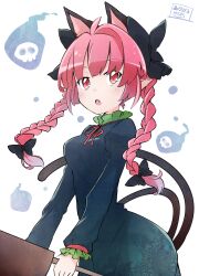 Rule 34 | 1girl, animal ears, artist name, black bow, blush, bow, braid, cat ears, cat tail, dated, dress, extra ears, fang, frilled sleeves, frills, green dress, hair bow, highres, kaenbyou rin, long hair, long sleeves, multiple tails, open mouth, pointy ears, red eyes, red hair, signature, solo, tail, touhou, twin braids, two tails, upper body, yutamaro