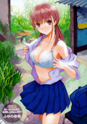 Rule 34 | 1girl, absurdres, bag, blue bra, bra, breasts, brown eyes, brown hair, cleavage, fuyuno haruaki, grass, highres, image sample, large breasts, lingerie, looking at viewer, open clothes, open shirt, original, pleated skirt, school bag, school uniform, shirt, skirt, solo, twintails, underwear, undressing