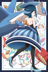 Rule 34 | 1girl, absurdres, bare shoulders, battle chatelaine, black gloves, black pantyhose, blue dress, blue eyes, blue hair, blue headwear, breasts, candy, candy wrapper, commentary request, creatures (company), croissant, cup, doughnut, dress, elbow gloves, evelyn (pokemon), food, game freak, gen 3 pokemon, gen 4 pokemon, glass, gloves, hat, high heels, highres, latios, legendary pokemon, medium breasts, nintendo, pachirisu, pantyhose, pokemon, pokemon (creature), pokemon xy, saucer, shabana may, teacup, top hat, wrapped candy