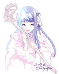Rule 34 | 00s, 1girl, 2007, artist name, blue hair, braid, chiyoko, closed mouth, dated, frills, gradient hair, hair ornament, holding, holding staff, lace, long hair, long sleeves, looking at viewer, multicolored hair, multiple braids, original, purple eyes, signature, simple background, smile, solo, staff, upper body, very long hair, wand, white background