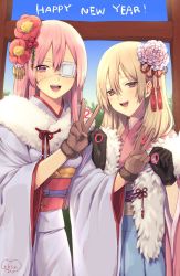 Rule 34 | 2020, 2girls, black gloves, blonde hair, flower, gloves, hair flower, hair ornament, happy new year, highres, japanese clothes, kimono, long hair, looking at viewer, multiple girls, murata tefu, new year, open mouth, original, pink hair, smile, v
