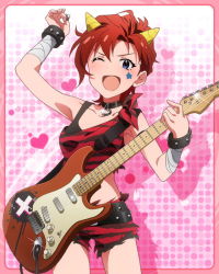 Rule 34 | &gt;;d, 10s, 1girl, ;d, arm up, armpits, bandages, blue eyes, bracelet, choker, crop top, electric guitar, fake horns, guitar, horns, idolmaster, idolmaster million live!, instrument, jewelry, julia (idolmaster), looking at viewer, midriff, million live card, official art, one eye closed, oni horns, open mouth, plectrum, red hair, short hair, smile, solo, v-shaped eyebrows