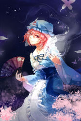 Rule 34 | 1girl, blue dress, bow, bug, butterfly, carrot (carrotsgame), cherry blossoms, dress, hand fan, frilled dress, frills, hat, highres, hitodama, bug, japanese clothes, long sleeves, looking at viewer, mob cap, obi, pink eyes, pink hair, ribbon, saigyouji yuyuko, sash, short hair, smile, solo, touhou, triangular headpiece, veil, wide sleeves