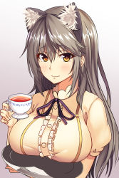Rule 34 | 10s, 1girl, absurdres, animal ears, blue ribbon, blush, breast rest, breasts, brown eyes, brown hair, cat ears, commentary, cup, eyebrows, frilled shirt, frills, gradient background, grey background, hair between eyes, haruna (kancolle), highres, inuikentarou, kantai collection, large breasts, long hair, looking at viewer, matching hair/eyes, puffy short sleeves, puffy sleeves, ribbon, shirt, short sleeves, smile, solo, tea, teacup, tray, upper body, white background
