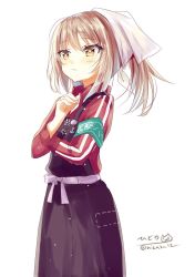Rule 34 | 1girl, anchor symbol, apron, armband, blush, closed mouth, green armband, hair between eyes, hair ornament, highres, hizaka, jacket, kantai collection, light brown hair, long sleeves, looking at viewer, michishio (kancolle), one-hour drawing challenge, red jacket, ribbon, short twintails, simple background, solo, sportswear, twintails, white background, yellow eyes