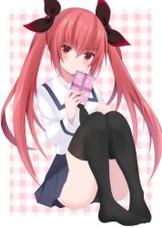 Rule 34 | 1girl, ass, black panties, black thighhighs, blue skirt, blush, checkered background, commentary request, date a live, full body, gift, hair between eyes, hair ribbon, highres, holding, holding gift, itsuka kotori, knees up, long hair, looking at viewer, panties, pantyshot, pleated skirt, red eyes, red hair, ribbon, shiratoriko, shirt, sitting, skirt, solo, thighhighs, thighs, twintails, underwear, valentine, very long hair, white shirt