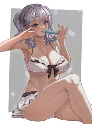 Rule 34 | 1girl, alternate costume, armpits, bikini, bikini skirt, blue eyes, breasts, commentary request, food, front-tie bikini top, front-tie top, grey hair, hands up, highres, holding, holding food, holding ice cream, ice cream, ice cream bar, invisible chair, kantai collection, kashima (kancolle), knee up, large breasts, open mouth, sidelocks, signature, simple background, sitting, solo, swimsuit, tongue, tongue out, tsurime, twintails, wavy hair, white bikini, yuugao