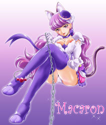 Rule 34 | 10s, 1girl, animal ears, anklet, ass, blush, boots, breasts, cat ears, cat tail, chain, character name, choker, come hither, cure macaron, dress, earrings, elbow gloves, extra ears, eyeshadow, femdom, food-themed hair ornament, frills, gloves, gradient background, hair ornament, high heel boots, high heels, highres, invisible chair, jewelry, kirakira precure a la mode, kita kazuki, kotozume yukari, long hair, looking at viewer, macaron hair ornament, magical girl, makeup, medium breasts, nipple slip, nipples, panties, pantyshot, precure, purple background, purple choker, purple eyes, purple hair, sitting, solo, tail, thigh boots, thighhighs, thighs, underwear, very long hair, wavy hair, white gloves, white panties