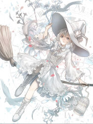 Rule 34 | 1girl, analog clock, bell sleeves, bird, birdcage, boots, braid, branch, broom, broom riding, cage, center frills, clock, collar, cross-laced footwear, dress, falling petals, flower, frilled collar, frilled dress, frilled sleeves, frills, full body, grey eyes, grey ribbon, hair between eyes, hand on headwear, hat, hat flower, highres, kirinosuke, knee up, lace, lace-trimmed dress, lace-up boots, lace trim, layered sleeves, long hair, long sleeves, looking at viewer, neck ribbon, original, parted lips, petals, ribbon, sidesaddle, single braid, solo, white background, white collar, white dress, white flower, white footwear, white hair, white hat, white theme, witch, witch hat