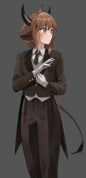 Rule 34 | 1boy, absurdres, arknights, bison (arknights), brown hair, brown jacket, brown necktie, brown pants, closed mouth, collared shirt, formal, gloves, grey background, grey vest, highres, jacket, long sleeves, mo ne, necktie, ox ears, ox horns, ox tail, pants, purple eyes, shirt, short hair, simple background, solo, tail, vest, white gloves, white shirt