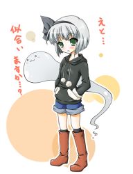 Rule 34 | 1girl, :3, alternate costume, blush, bob cut, boots, casual, contemporary, female focus, ghost, green eyes, hairband, hands in pockets, hitodama, hood, hooded jacket, jacket, konpaku youmu, konpaku youmu (ghost), neko yume, no nose, short hair, shorts, silver hair, solo, standing, touhou