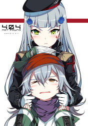 Rule 34 | 2girls, 404 logo (girls&#039; frontline), ;d, beret, blush, brown eyes, character name, cheek pinching, cross, facepaint, girls&#039; frontline, gloves, green eyes, hair ornament, hairclip, hat, highres, hk416 (girls&#039; frontline), iron cross, jacket, looking at another, looking down, looking up, messy hair, military jacket, multiple girls, one eye closed, open mouth, pinching, purple scarf, ress, scarf, silver hair, smile, teardrop, upper body, very long sleeves