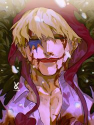 Rule 34 | 1boy, bishounen, blonde hair, blood, blood from mouth, blood on clothes, blood on face, closed eyes, coat, donquixote rocinante, feather coat, fur coat, hat, heart, heart print, highres, hood, makeup, male focus, one piece, red hood, shirt, smile, snow, solo, vasan5555