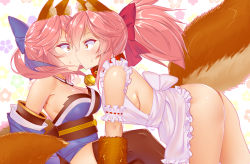 Rule 34 | 2girls, animal ears, animal hands, apron, ass, bell, black legwear, blue ribbon, blush, breasts, cat hair ornament, cat paws, cleavage, collar, detached sleeves, dual persona, fate/grand order, fate (series), fox ears, fox tail, gloves, hair ornament, hair ribbon, highres, incest, japanese clothes, jingle bell, kiss, large breasts, long hair, maid headdress, miyajima (anthem-anthem), multiple girls, naked apron, neck bell, paw gloves, pink hair, ponytail, red ribbon, ribbon, selfcest, sideboob, surprised, sweat, tail, tamamo (fate), tamamo cat (fate), tamamo cat (third ascension) (fate), tamamo no mae (fate/extra), yellow eyes, yuri
