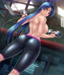 Rule 34 | 00s, 1girl, ass, back, bike shorts, blue hair, blush, breasts, cameltoe, dumbbell, dutch angle, exercising, fat mons, female focus, from behind, highres, huge ass, impossible clothes, indoors, kagami hirotaka, large breasts, lens flare, lilith-soft, long hair, looking at viewer, no bra, open mouth, pants, partially visible vulva, red eyes, shiny skin, skin tight, solo, sparkle, sportswear, sweat, taimanin (series), taimanin asagi, taimanin asagi kessen arena, taimanin murasaki, topless, very long hair, weights, yatsu murasaki, yoga pants