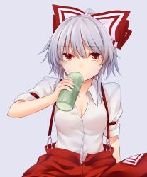 Rule 34 | 1girl, alternate hair length, alternate hairstyle, bow, breasts, cleavage, collarbone, commentary request, cup, drinking, fujiwara no mokou, grey background, hair between eyes, hair bow, highres, holding, holding cup, looking at viewer, medium breasts, miyo (ranthath), ofuda, pants, red eyes, red pants, shirt, short hair, short sleeves, silver hair, simple background, sitting, solo, suspenders, touhou, upper body, white bow, white shirt, wing collar
