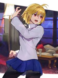 Rule 34 | 1girl, :d, ahoge, arcueid brunestud, blonde hair, blue skirt, blush, breasts, clenched hand, contrapposto, couch, cowboy shot, fighting stance, grey background, hair between eyes, hand on own hip, highres, jewelry, lamp, long sleeves, medium breasts, medium hair, melty blood, necklace, oni gini, open mouth, pantyhose, pleated skirt, red eyes, short hair, simple background, skirt, smile, solo, sweater, table, tsukihime, tsukihime (remake), turtleneck, white sweater, window