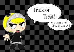 Rule 34 | 1girl, black dress, blonde hair, blush, checkered background, cosplay, costume, detached sleeves, dress, english text, halloween, hime (kaibutsu oujo) (cosplay), japanese text, juka-satomi, kaibutsu oujo, looking at viewer, mandy (billy &amp; mandy), mandy (grim adventures), solo, the grim adventures of billy &amp; mandy, thick eyebrows, tiara, translated