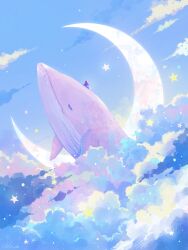 Rule 34 | 1girl, absurdres, blue clouds, blue sky, crescent moon, dress, highres, long hair, moon, original, pastel colors, pink hair, sitting on animal, sky, solo, star (sky), whale, white dress, yuzuki kino