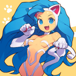 Rule 34 | 1girl, animal ears, animal hands, big hair, blue eyes, blue hair, body fur, cat ears, cat girl, cat tail, choker, claws, commentary request, fang, felicia (vampire), long hair, metata, navel, paw pose, paw print, revealing clothes, simple background, slit pupils, smile, solo, tail, vampire (game), very long hair, white fur, yellow background
