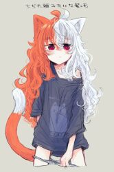 Rule 34 | 1girl, animal ear fluff, animal ears, antenna hair, black shirt, blush, cat ears, cat girl, cat tail, collarbone, commentary request, grey background, grey hair, hair between eyes, highres, long sleeves, looking at viewer, messy hair, multicolored hair, n72, off shoulder, orange hair, original, panties, panty pull, parted lips, red eyes, shirt, simple background, solo, tail, thick eyebrows, translation request, two-tone hair, underwear, white panties