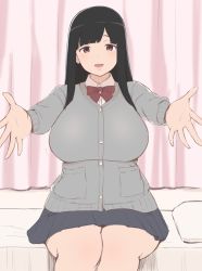 Rule 34 | 1girl, atatakai cha, black hair, blush, breasts, brown eyes, cardigan, huge breasts, looking at viewer, mucchimut, on bed, open mouth, original, outstretched arms, pleated skirt, ribbon, school uniform, sitting, skirt, smile, tareme