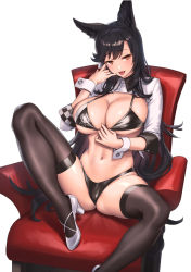 Rule 34 | 1girl, animal ears, atago (azur lane), atago (stunning speedster) (azur lane), azur lane, bikini, bikini tug, black bikini, black hair, black thighhighs, breasts, brown eyes, cleavage, commentary request, couch, cover, cuboon, dog ears, feet out of frame, high heels, large breasts, long hair, looking at viewer, mole, mole under eye, race queen, shrug (clothing), simple background, sitting, solo, spread legs, swept bangs, swimsuit, textless version, thighhighs, tongue, tongue out, two-tone bikini, white background, white footwear, wrist cuffs