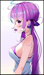 Rule 34 | 1girl, absurdres, ahoge, bare arms, bare shoulders, bikini, bikini under clothes, black border, blue hair, border, braid, breasts, cqingwei, from side, gradient background, hair ribbon, highres, hololive, looking at viewer, looking to the side, medium breasts, minato aqua, multicolored hair, open mouth, profile, purple bikini, purple eyes, purple hair, purple ribbon, ribbon, sideboob, sideways glance, solo, strap gap, streaked hair, swimsuit, twintails, two-tone hair, upper body, virtual youtuber, white background