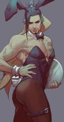Rule 34 | 1boy, animal ears, ass, bad id, bad twitter id, beard, black hair, bow, bowtie, chonmage, collar, commentary request, cowboy shot, crossdressing, facial hair, fake animal ears, grey hair, hair ribbon, hand on own hip, hanzo (overwatch), highres, kkangcheol, leotard, looking at viewer, male focus, male playboy bunny, overwatch, overwatch 1, pantyhose, playboy bunny, rabbit ears, rabbit tail, ribbon, simple background, single hair intake, solo, tail, tattoo, thigh strap, tray, wrist cuffs