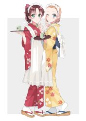 Rule 34 | 2girls, apron, arch lapin, blue eyes, blunt ends, bob cut, brown footwear, brown hair, commentary, cup, floral print, full body, green eyes, grey background, highres, holding, holding tray, index finger raised, japanese clothes, kimono, leaf print, light brown hair, long sleeves, looking at viewer, maid, maid apron, maid headdress, meitantei conan, multiple girls, obi, one eye closed, outside border, print kimono, red kimono, sandals, sash, short ponytail, side-by-side, smile, standing, suzuki sonoko, tabi, tooyama kazuha, tray, wa maid, white apron, white legwear, wide sleeves, yellow kimono, yunomi