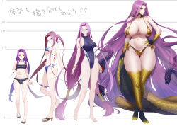 4girls bare_shoulders barefoot bikini black_bikini blue_bikini blue_one-piece_swimsuit bracelet breasts claws cleavage covered_navel fate/grand_order fate_(series) forehead full_body gold_bikini gorgon_(fate) hair_tubes height_chart highleg highleg_one-piece_swimsuit highres huge_breasts jewelry large_breasts long_hair looking_at_viewer medusa_(fate) medusa_(lancer)_(fate) medusa_(rider)_(fate) medusa_(saber)_(fate) minami_koyogi monster_girl multiple_girls multiple_persona navel one-piece_swimsuit parted_bangs purple_eyes purple_hair rider sandals scales sidelocks small_breasts snake_hair snake_tail swimsuit tail thigh_strap translation_request twintails very_long_hair