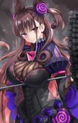 Rule 34 | 1girl, absurdres, black dress, breasts, brown hair, closed mouth, cone hair bun, double bun, dress, expressionless, fate/grand order, fate (series), frills, grey background, hair bun, hair ornament, highres, holding, holding umbrella, large breasts, long hair, looking at viewer, murasaki shikibu (fate), pinstripe pattern, purple eyes, rota (078), side ponytail, solo, striped, umbrella, upper body